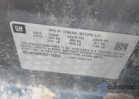 2013 Chevrolet Sonic Lt Auto из США, поврежденный, VIN 1G1JC5SH7D4170259